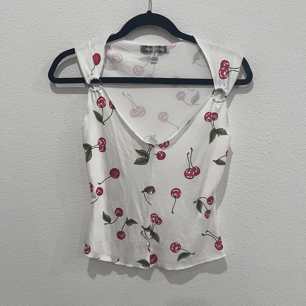 urban outfitters Women’s White Tank Top Cherry Print Shoulder Detail Small Y2K - Picture 2 of 8